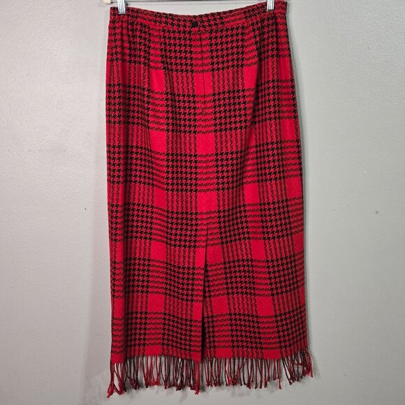 Vintage Red & Black Plaid Wool Blend Maxi Skirt Fringe Hem Preppy Librarian Offi - Picture 2 of 10